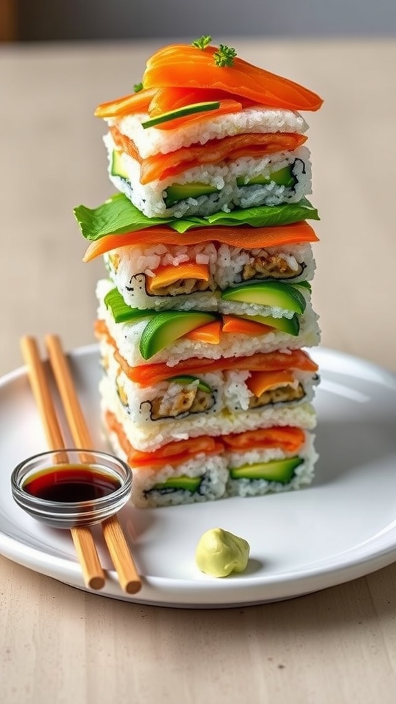 A colorful 7 layer sushi stack with vibrant vegetables and seafood on a white plate.